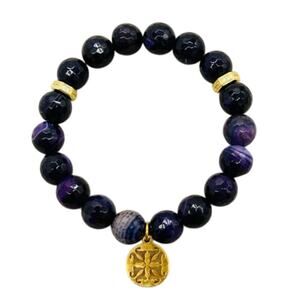 Rustic Cuff PURPLE ONYX BEADS w/ Gold accents & logo Stretch Stacking Bracelet